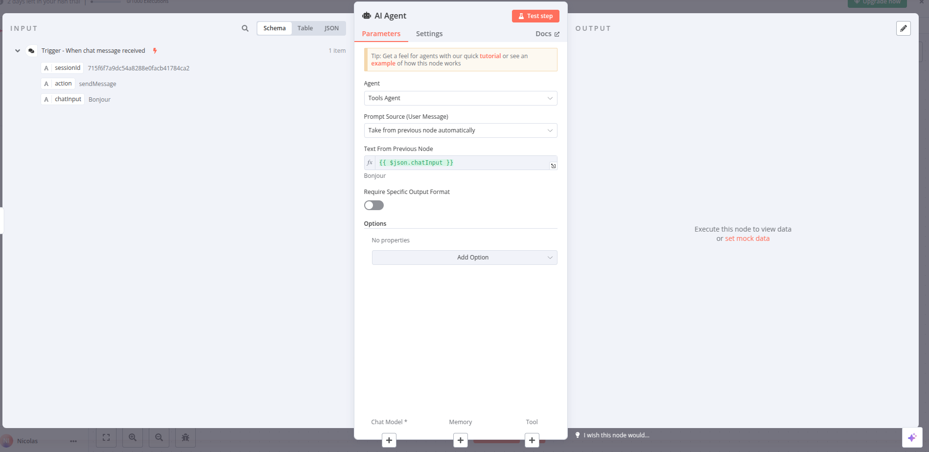 Paramétrage AI Agent sur n8n