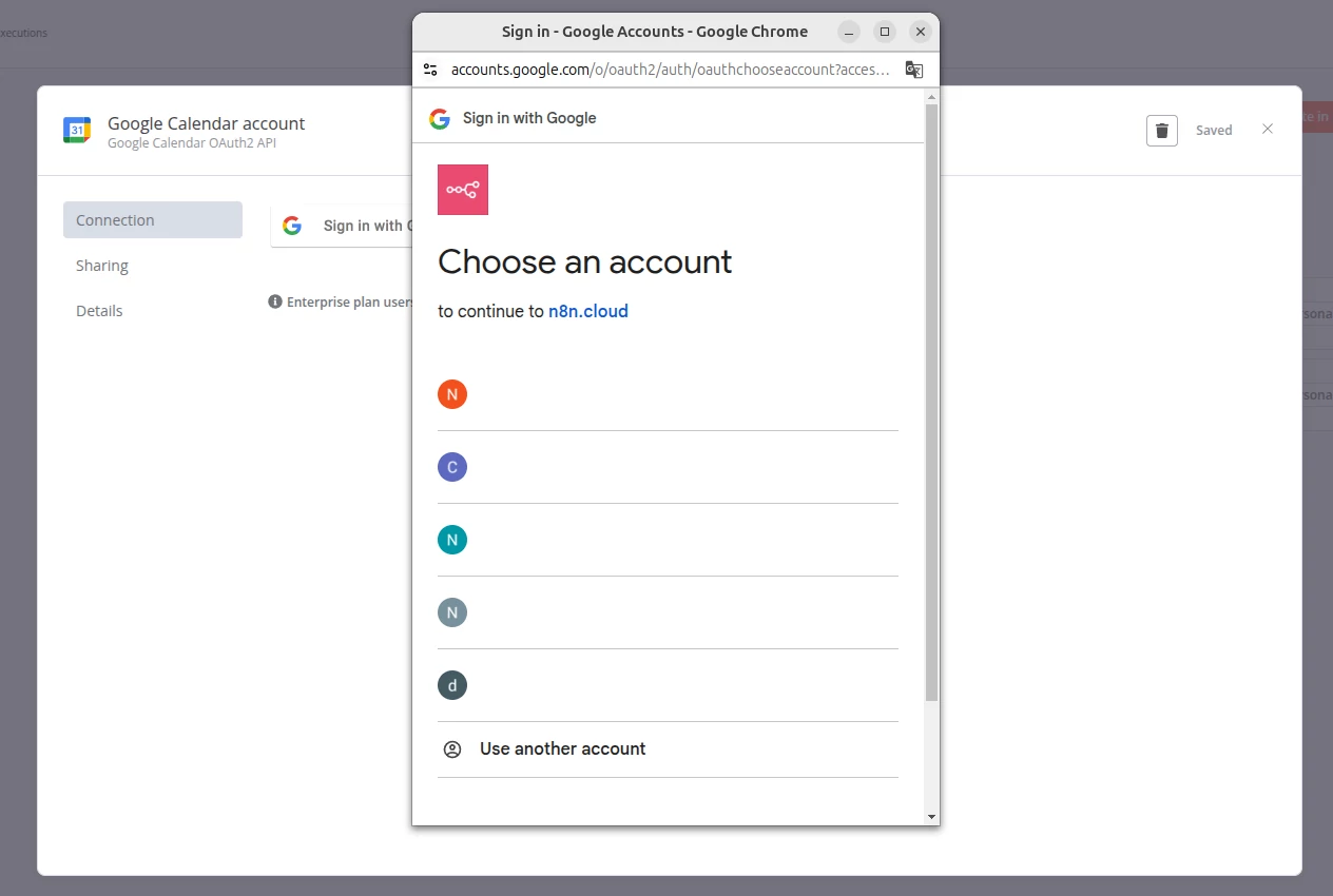 connexion compte google oauth2 n8n google calendar
