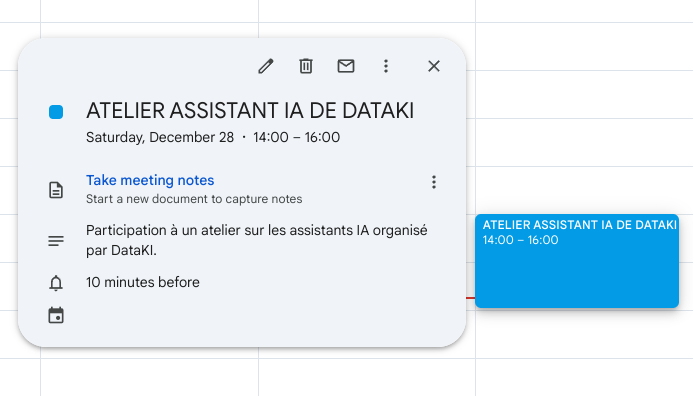 événement créé par assistant IA dans agenda google