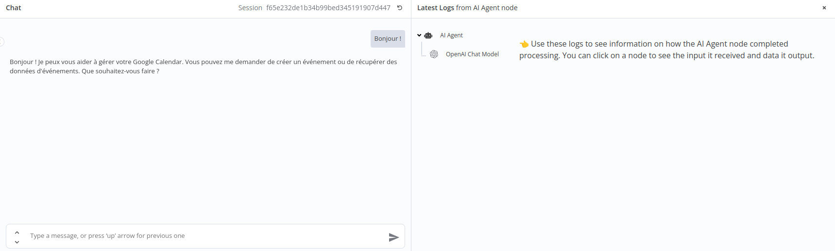 chat n8n avec logs
