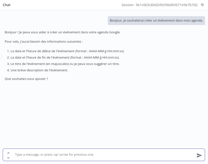 première interaction avec l'assistant google calendar