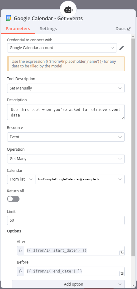 paramétrage du tool de récupération d'événements