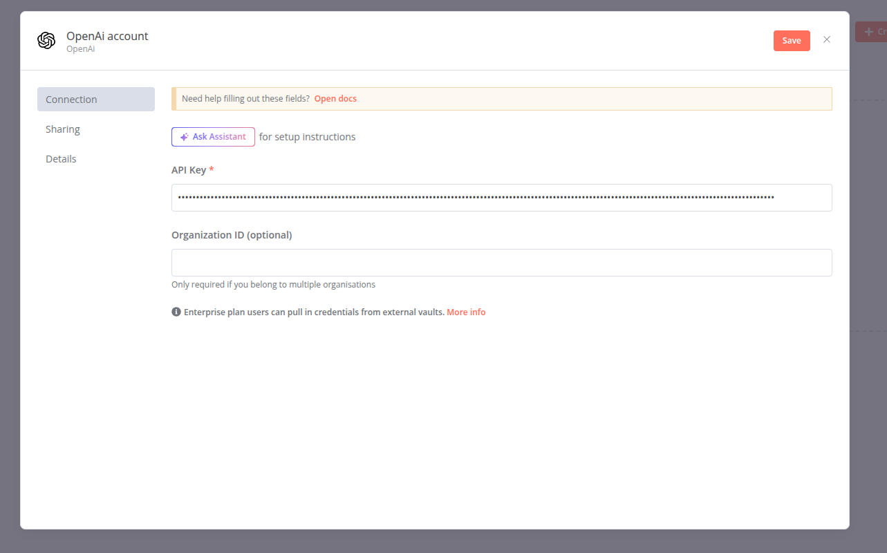 paramétrage clé api openai sur n8n