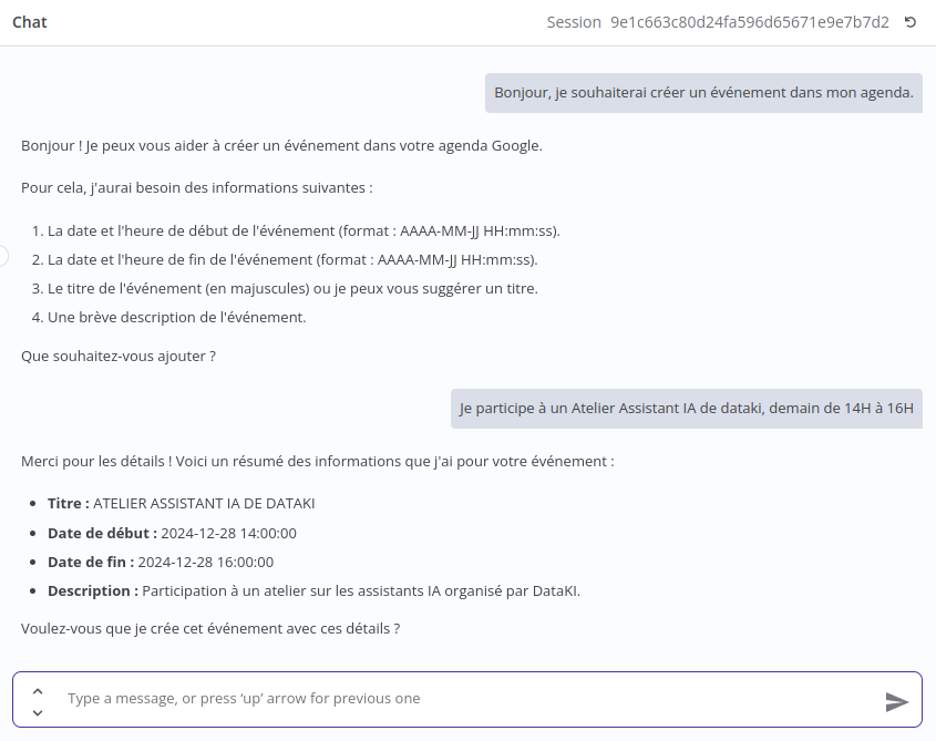 deuxième interaction avec l'assistant google calendar