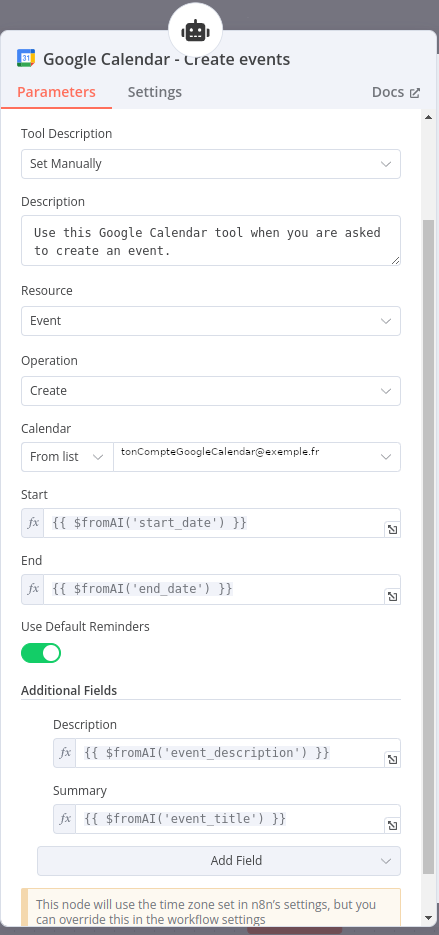 paramétrage du tool de création d'événements