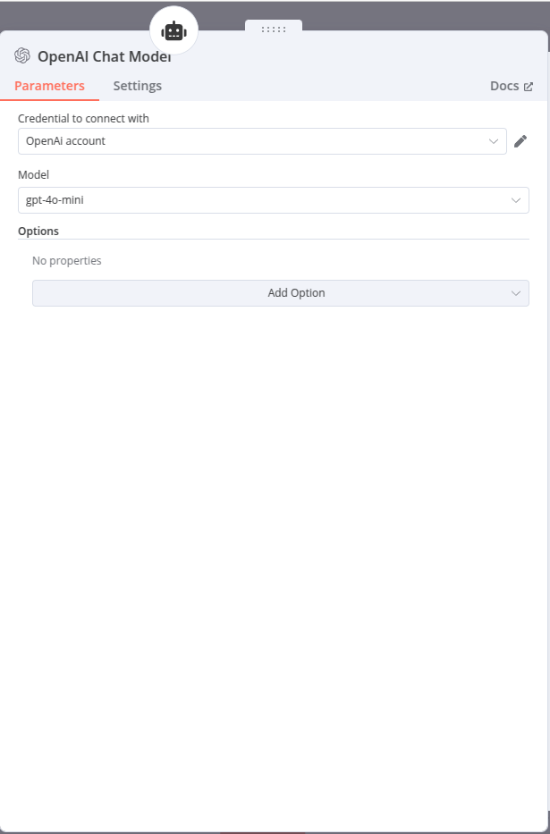 paramétrage du sub-node chat model avec le service openai sur n8n