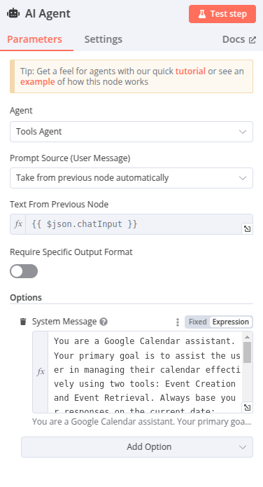 node ai agent avec prompt system sur n8n