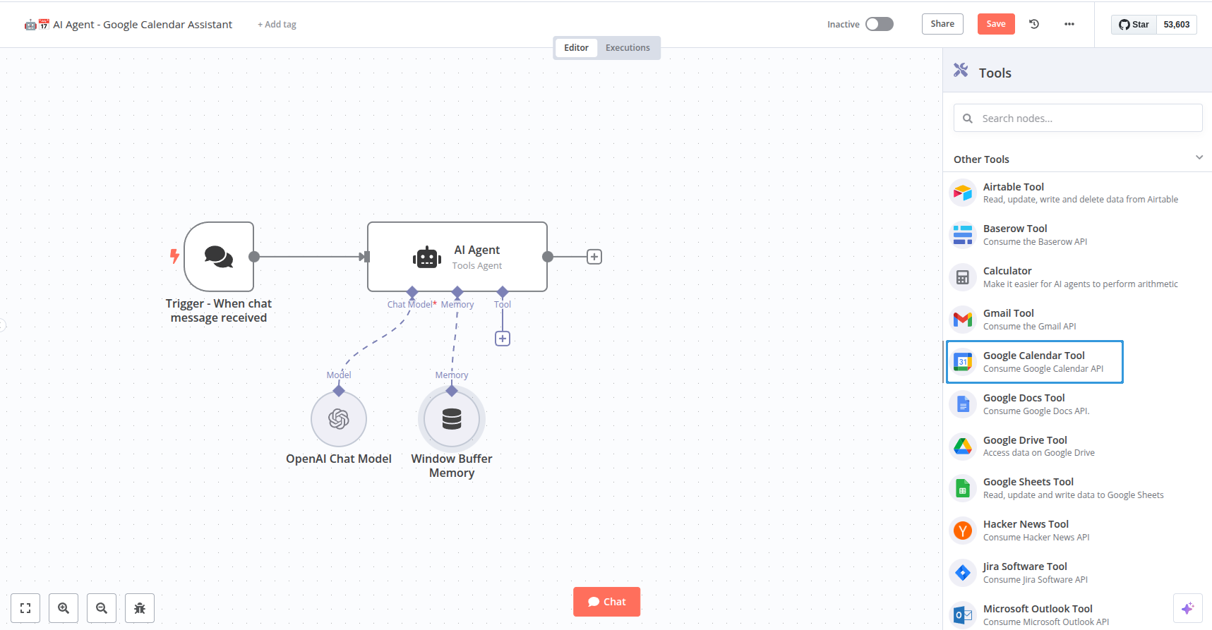node panel "tools" avec Google Calendar