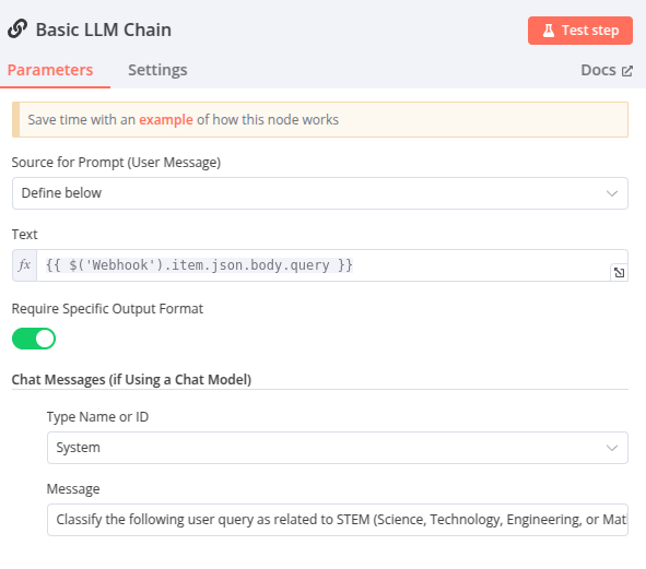 node basic llm chain sur n8n pour app perplexity-like avec streamlit