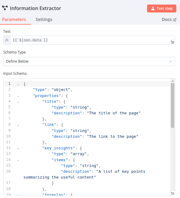 configuration du node information extractor sur n8n