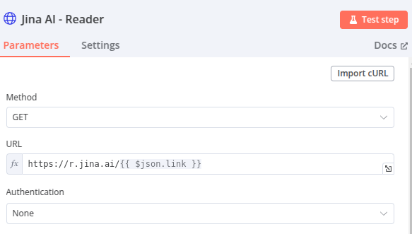 node http request jina ai reader sur n8n