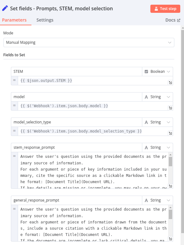 node set fields sur n8n (configuration des champs prompts, model, stem)