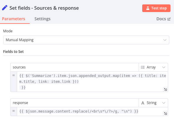 node set fields avec champs sources et response sur n8n